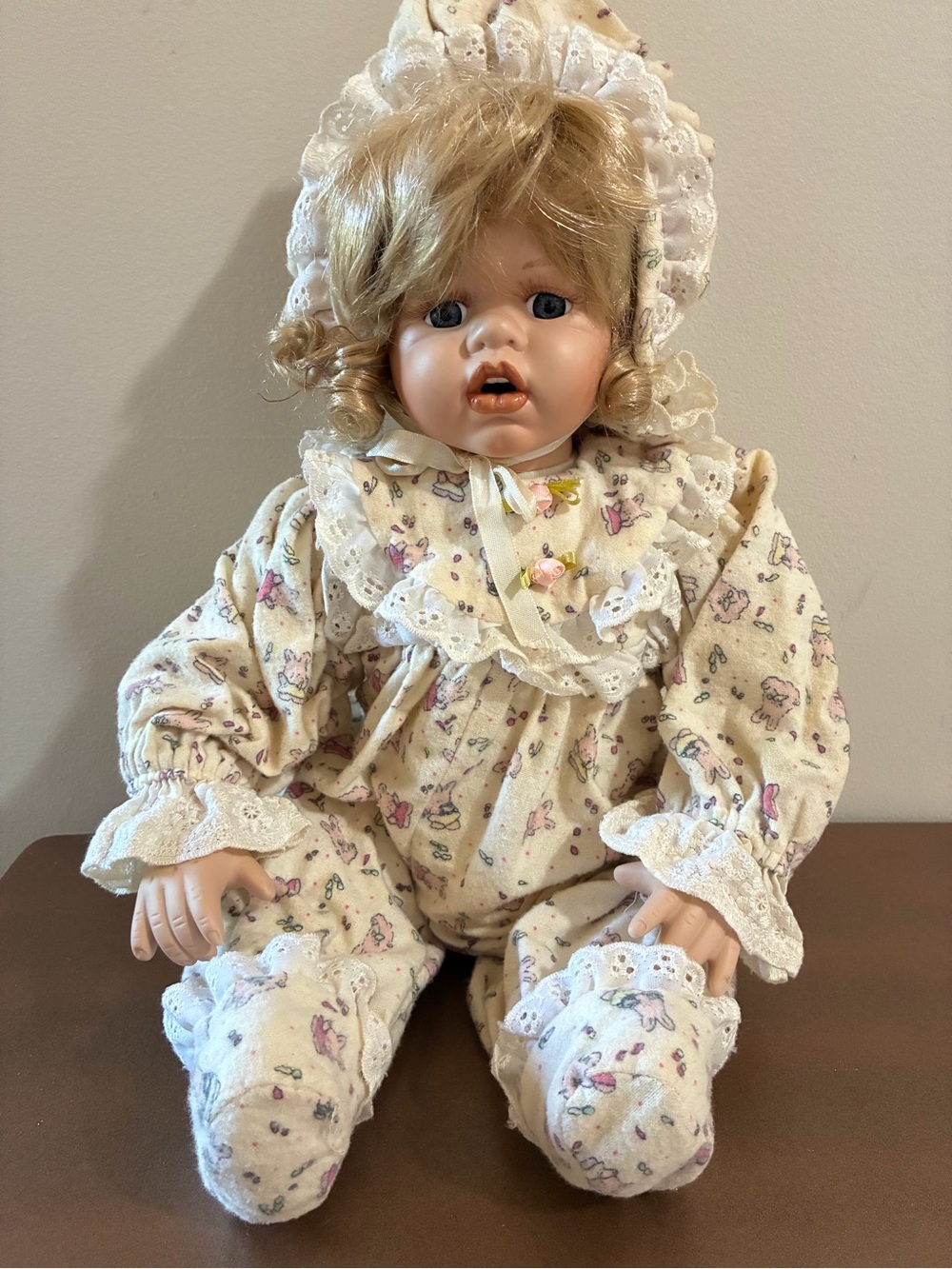 Cracker Barrel Cream Floral porcelain face hands Baby Doll with Lace Bonnet